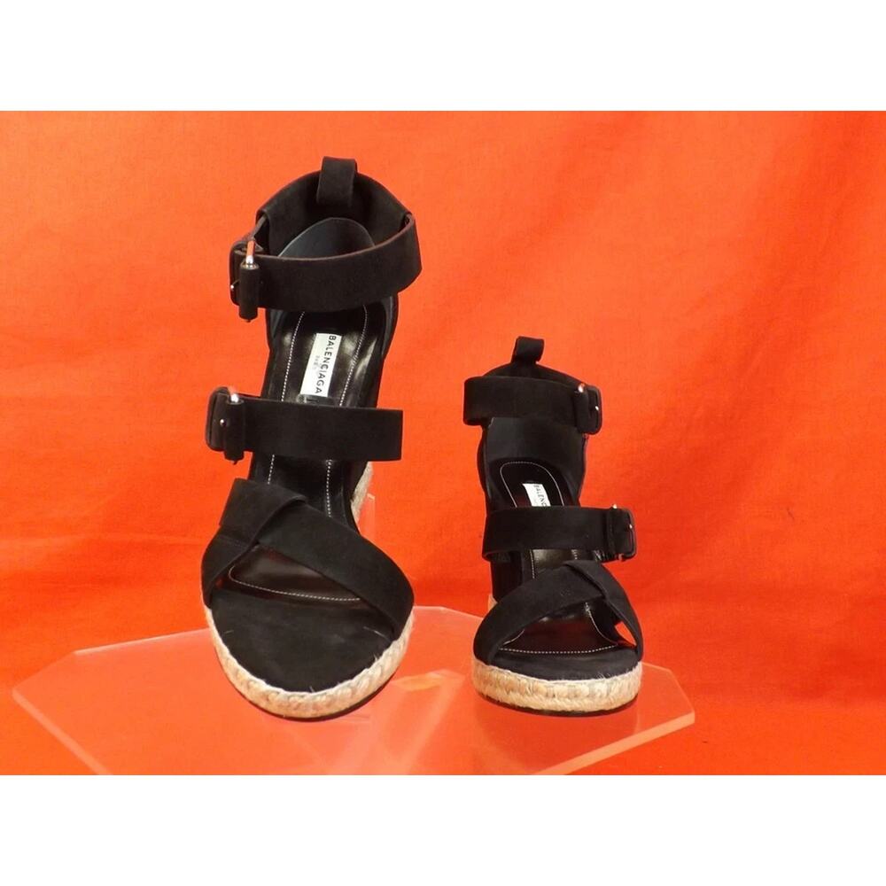 NIB BALENCIAGA BLACK SUEDE BUCKLE ANKLE STRAP ESPADRILLE WEDGE SANDALS 41 $620 - Picture 9 of 10